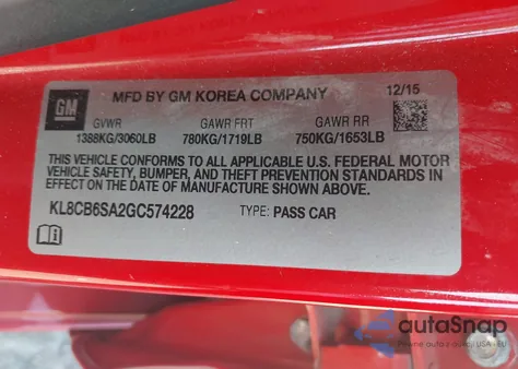 2016 Chevrolet Spark Ls Cvt from USA, damaged, VIN KL8CB6SA2GC574228